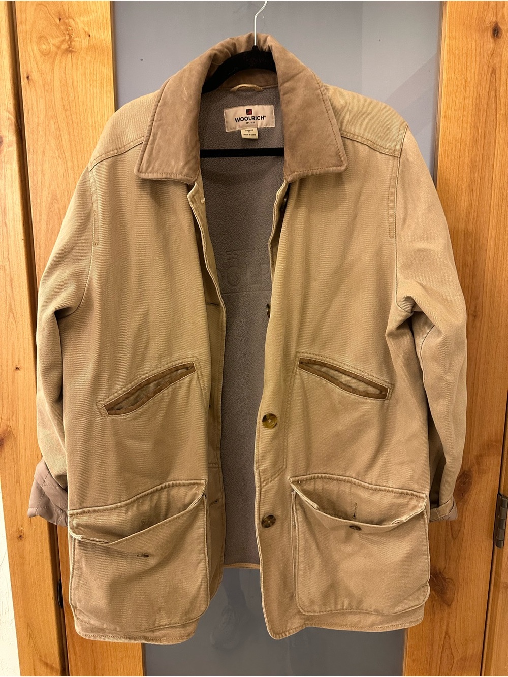 Vintage Woolrich Men's Khaki/Tan Field Coat with Leather Trim